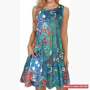 Floral Sundress with Pockets, Sleeveless, Loose Fit, Knee Length Summer Dress